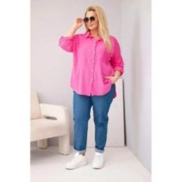 Moteriški Plus Size marškiniai su apykakle ir nėrinių intarpais, rožiniai
