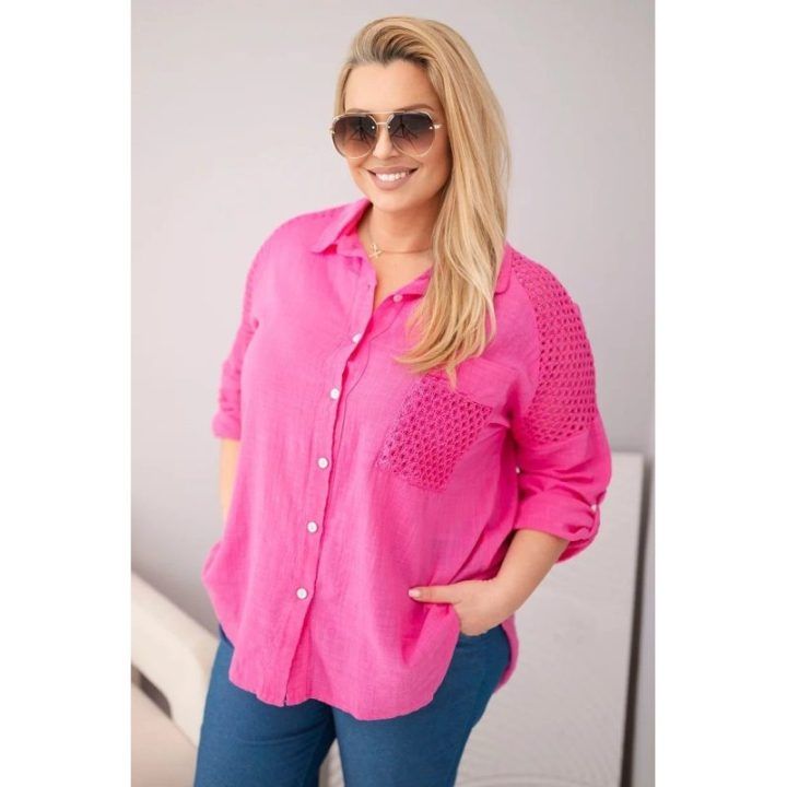 Moteriški Plus Size marškiniai su apykakle ir nėrinių intarpais, rožiniai