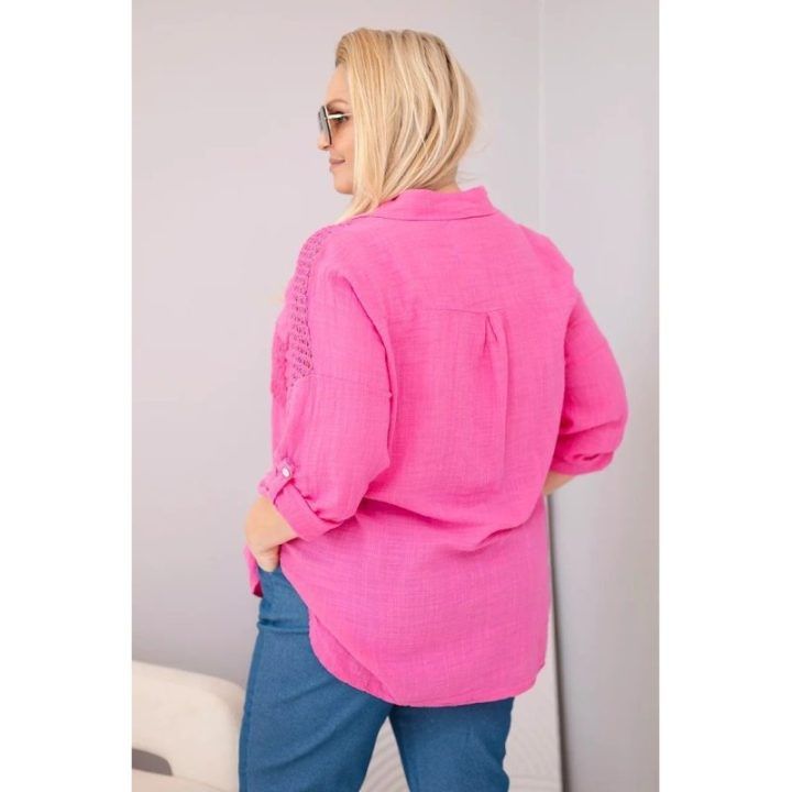 Moteriški Plus Size marškiniai su apykakle ir nėrinių intarpais, rožiniai