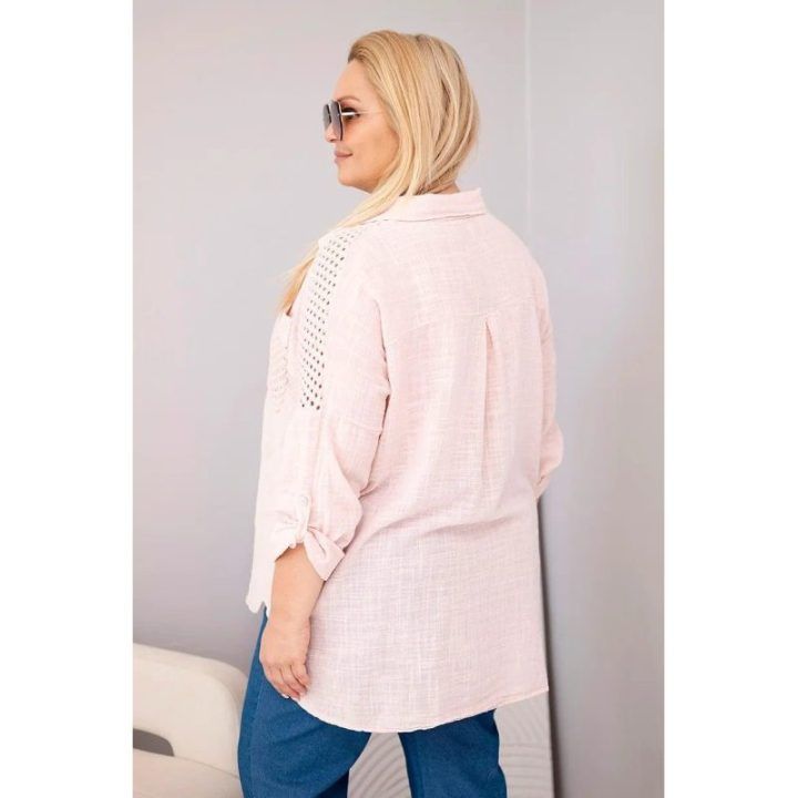 Moteriški Plus Size marškiniai su apykakle ir nėriniuota detale, tamsiai dulkėtos rožinės spalvos