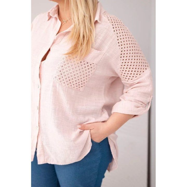 Moteriški Plus Size marškiniai su apykakle ir nėriniuota detale, tamsiai dulkėtos rožinės spalvos