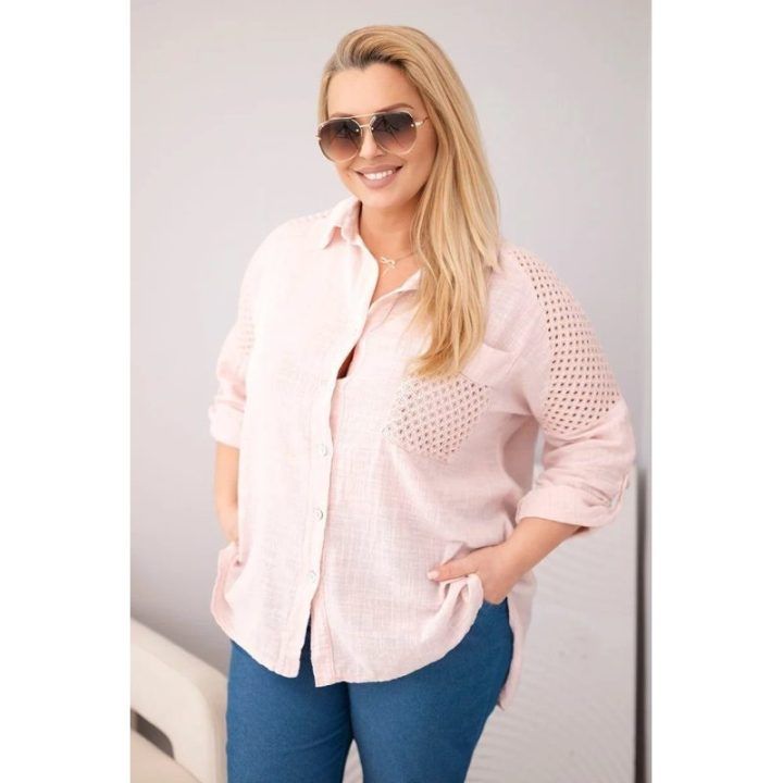 Moteriški Plus Size marškiniai su apykakle ir nėriniuota detale, tamsiai dulkėtos rožinės spalvos