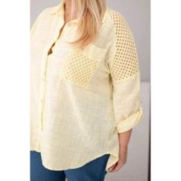 Moteriški Plus Size medvilniniai marškiniai su apykakle ir nėrinių intarpais, geltoni