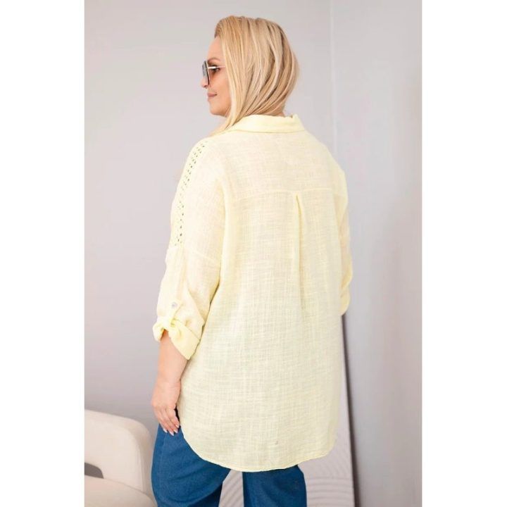 Moteriški Plus Size medvilniniai marškiniai su apykakle ir nėrinių intarpais, geltoni