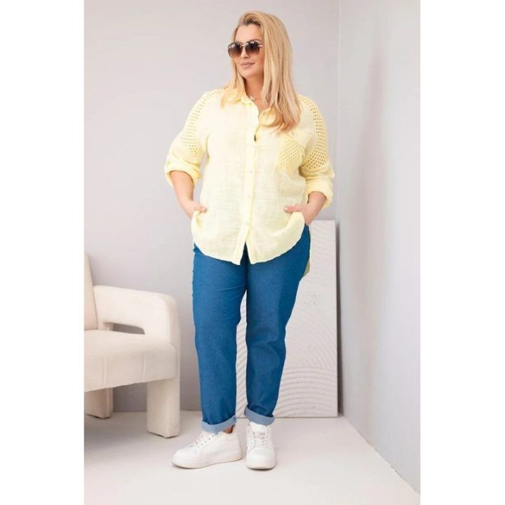 Moteriški Plus Size medvilniniai marškiniai su apykakle ir nėrinių intarpais, geltoni