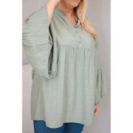 Moteriška Plus Size palaidinė su V formos iškirpte ir raukiniais ant rankovių, chaki spalvos