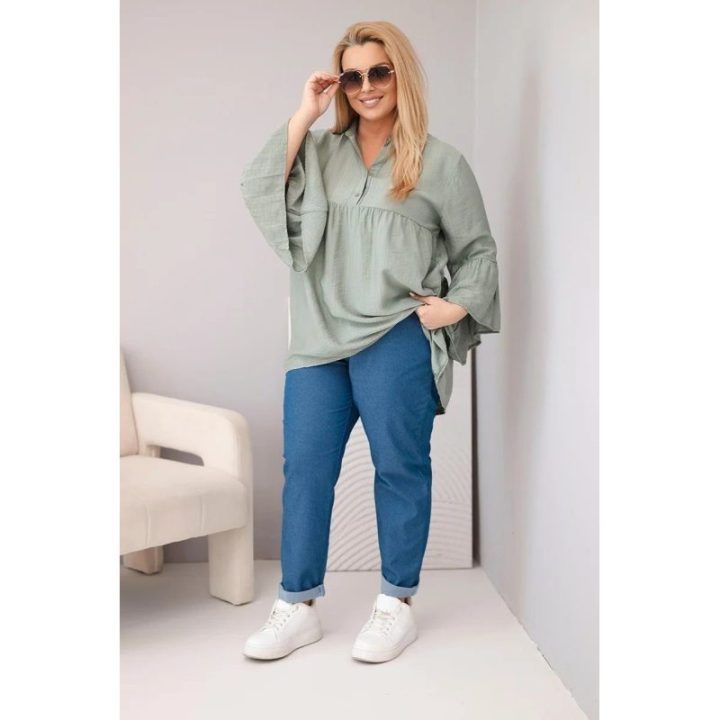 Moteriška Plus Size palaidinė su V formos iškirpte ir raukiniais ant rankovių, chaki spalvos