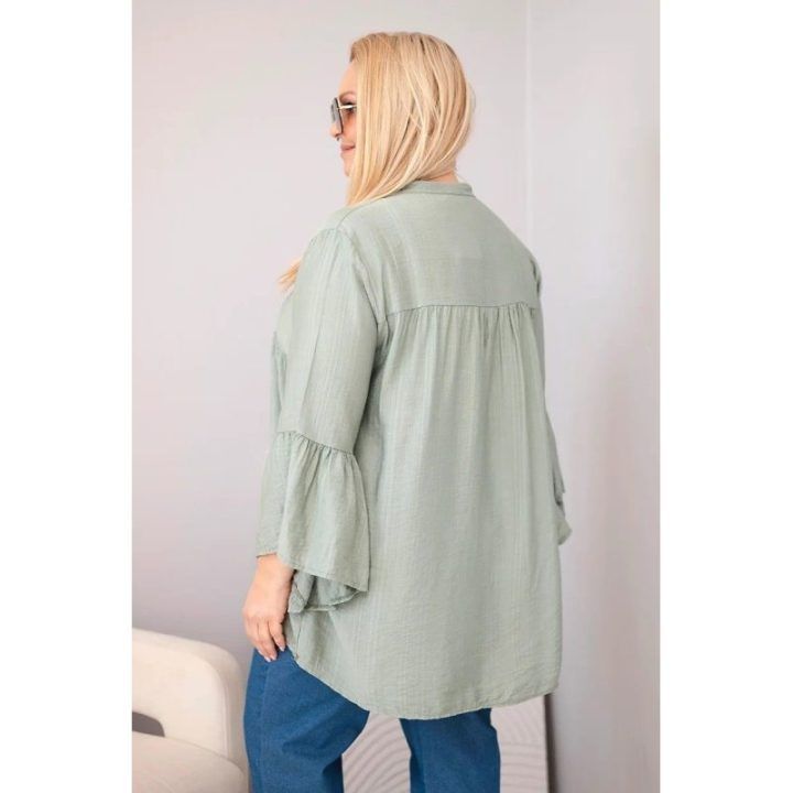 Moteriška Plus Size palaidinė su V formos iškirpte ir raukiniais ant rankovių, chaki spalvos