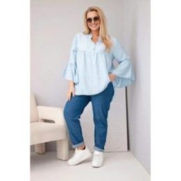 Moteriška Plus Size palaidinė su V formos iškirpte ir rankovėmis su klostėmis, mėlyna