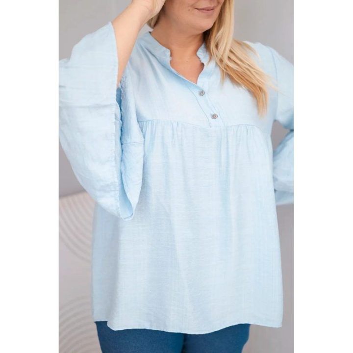 Moteriška Plus Size palaidinė su V formos iškirpte ir rankovėmis su klostėmis, mėlyna