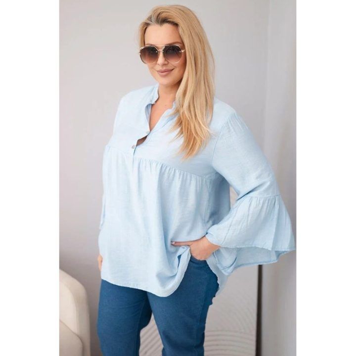Moteriška Plus Size palaidinė su V formos iškirpte ir rankovėmis su klostėmis, mėlyna