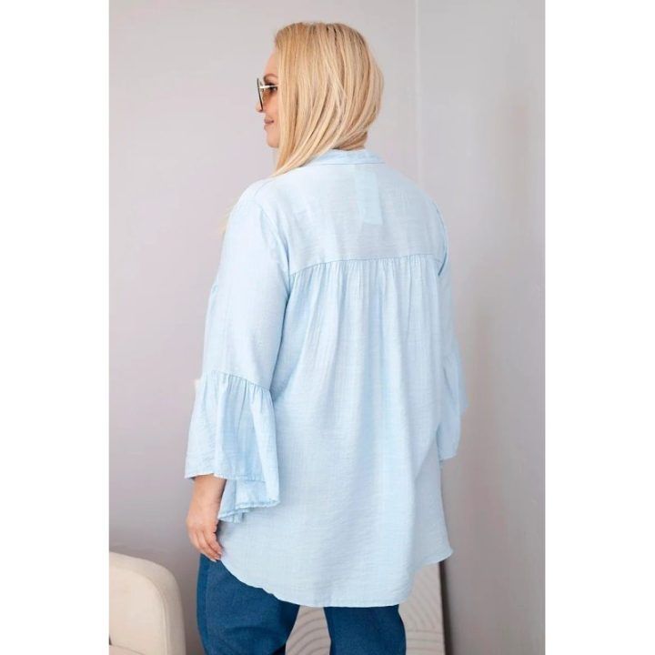 Moteriška Plus Size palaidinė su V formos iškirpte ir rankovėmis su klostėmis, mėlyna
