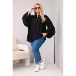 Moteriška Plus Size palaidinė su V formos iškirpte ir rankovėmis su raukiniais, juoda