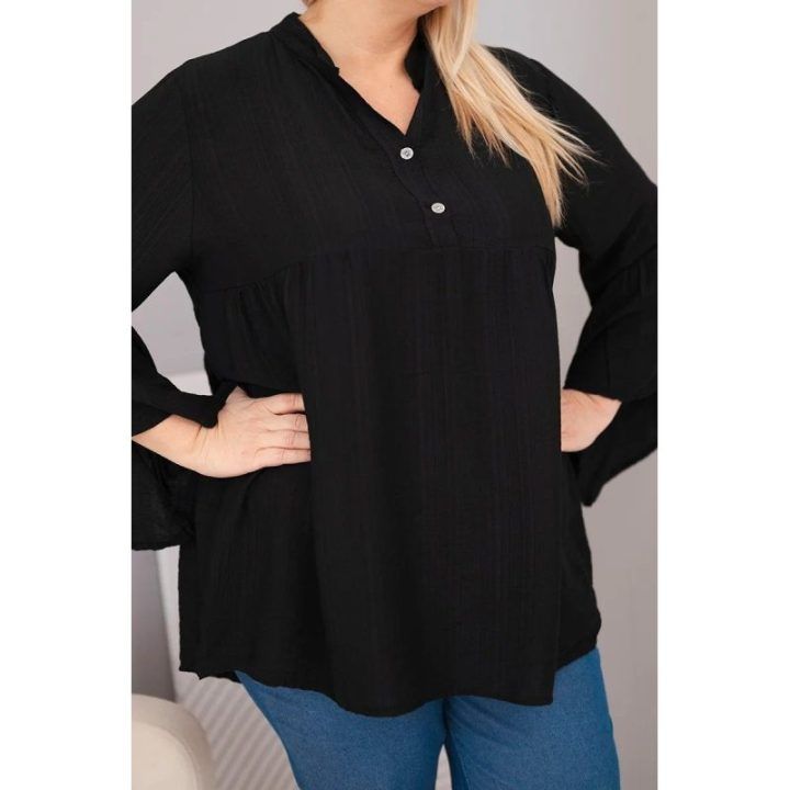 Moteriška Plus Size palaidinė su V formos iškirpte ir rankovėmis su raukiniais, juoda