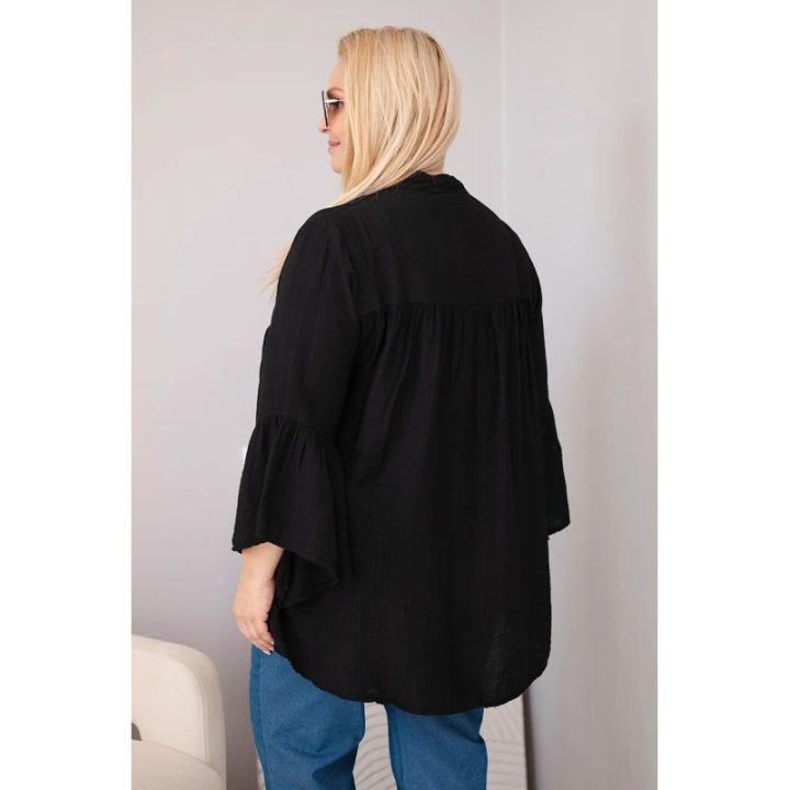 Moteriška Plus Size palaidinė su V formos iškirpte ir rankovėmis su raukiniais, juoda