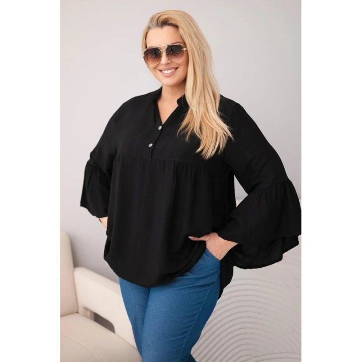 Moteriška Plus Size palaidinė su V formos iškirpte ir rankovėmis su raukiniais, juoda