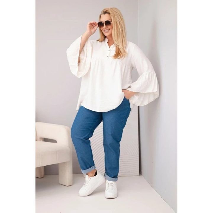 Moteriška Plus Size palaidinė su V formos iškirpte ir rauktomis rankovėmis, smėlio spalvos