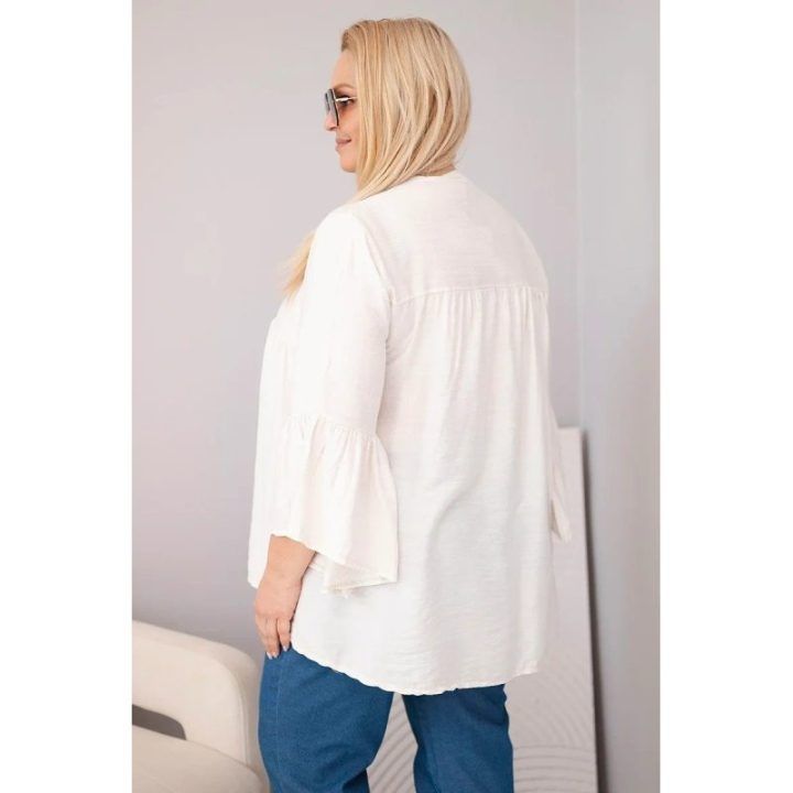 Moteriška Plus Size palaidinė su V formos iškirpte ir rauktomis rankovėmis, smėlio spalvos