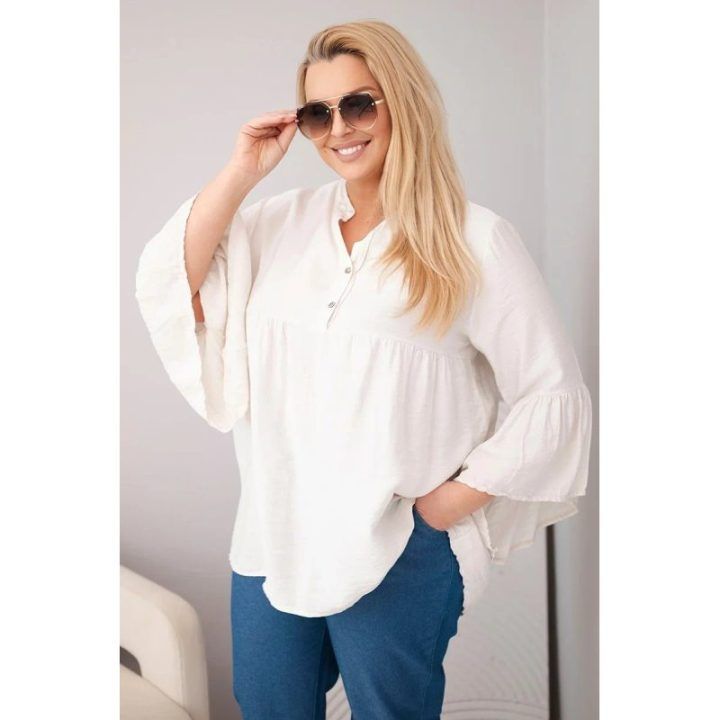 Moteriška Plus Size palaidinė su V formos iškirpte ir rauktomis rankovėmis, smėlio spalvos