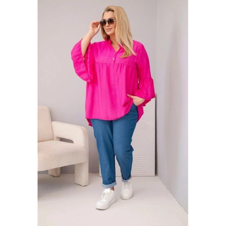 Moteriška Plus Size viskozinė palaidinė su rauktomis rankovėmis ir V formos iškirpte, fuksijos spalvos