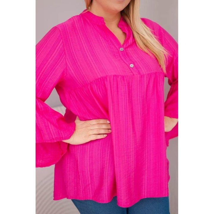 Moteriška Plus Size viskozinė palaidinė su rauktomis rankovėmis ir V formos iškirpte, fuksijos spalvos