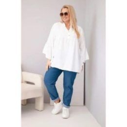 Moteriška Plus Size palaidinė su V formos iškirpte ir rauktomis rankovėmis, balta