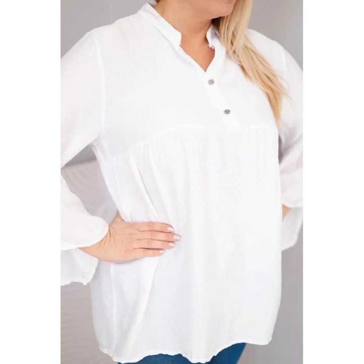 Moteriška Plus Size palaidinė su V formos iškirpte ir rauktomis rankovėmis, balta