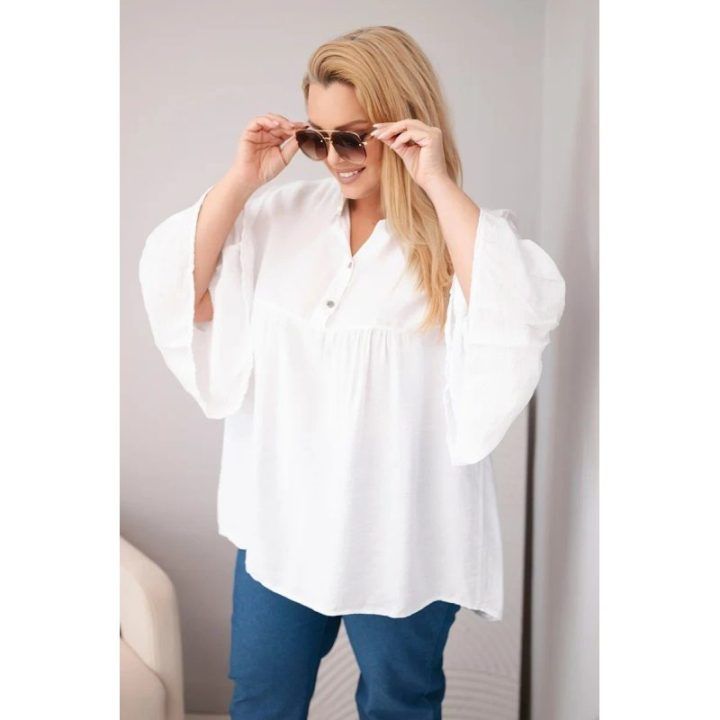 Moteriška Plus Size palaidinė su V formos iškirpte ir rauktomis rankovėmis, balta
