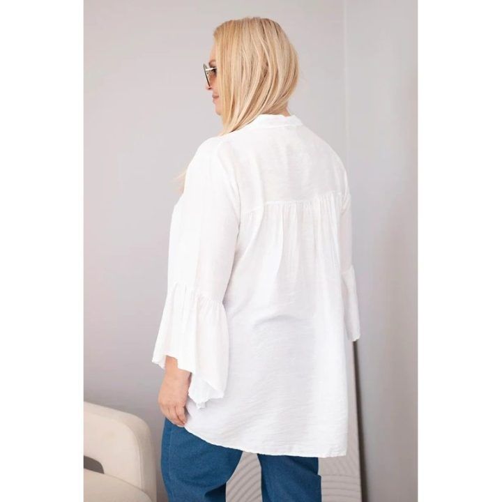 Moteriška Plus Size palaidinė su V formos iškirpte ir rauktomis rankovėmis, balta