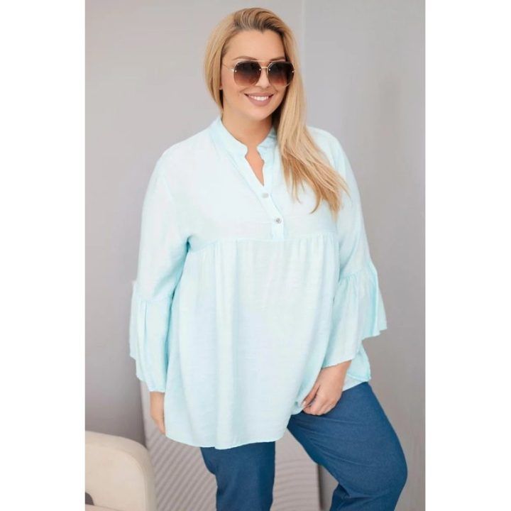 Moteriška Plus Size viskozės palaidinė su raukiniais rankovėmis ir V formos iškirpte, mėtų spalvos