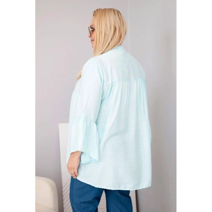 Moteriška Plus Size viskozės palaidinė su raukiniais rankovėmis ir V formos iškirpte, mėtų spalvos
