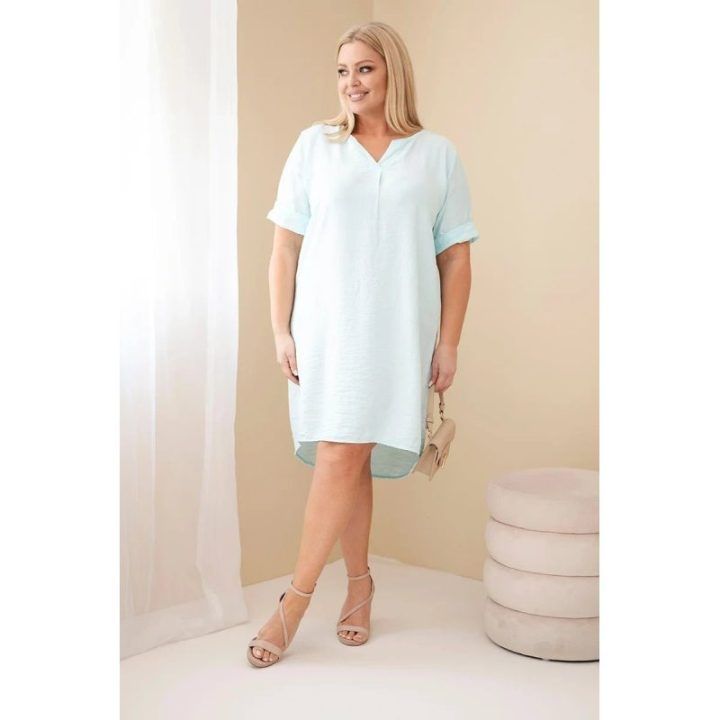 Moteriška mėtų spalvos Plus Size suknelė su trumpomis rankovėmis ir V formos iškirpte