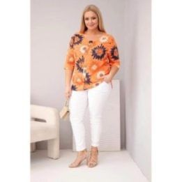 Moteriška oranžinė Plus Size palaidinė trumpomis rankovėmis ir sagomis