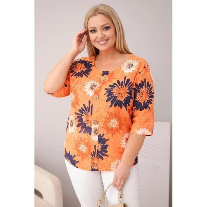 Moteriška oranžinė Plus Size palaidinė trumpomis rankovėmis ir sagomis