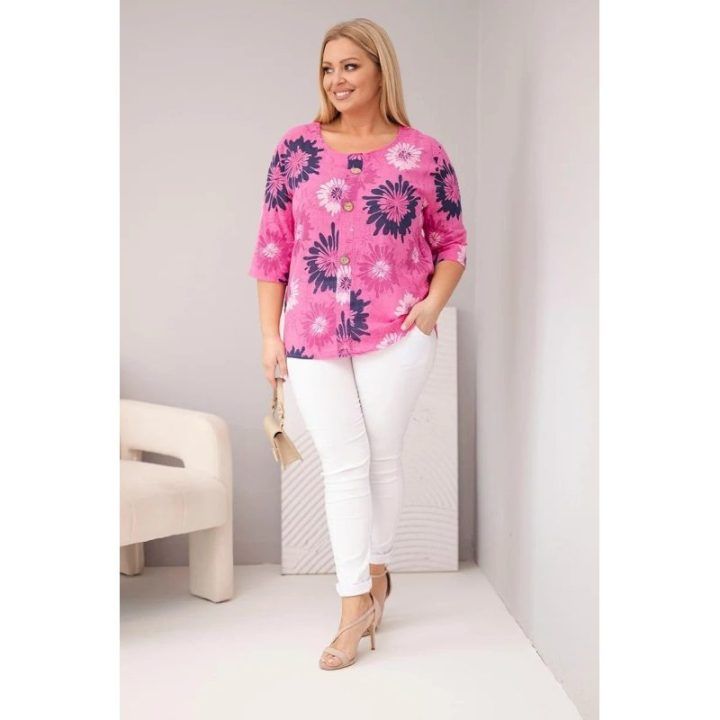 Moteriška Plus Size rožinė palaidinė trumpomis rankovėmis su sagomis