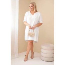 Moteriška Plus Size viskozės suknelė trumpomis rankovėmis ir V formos iškirpte, balta