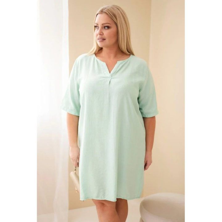 Moteriška Plus Size viskozės suknelė trumpomis rankovėmis, tamsios mėtų spalvos