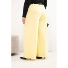 Moteriškos Plus Size plačios kelnės su diržu, geltonos spalvos