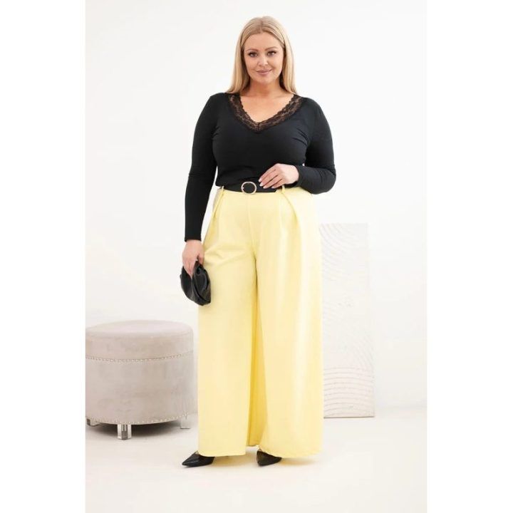 Moteriškos Plus Size plačios kelnės su diržu, geltonos spalvos