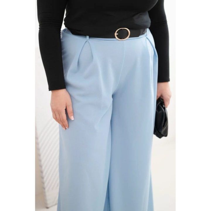 Moteriškos Plus Size plačios kelnės su diržu, mėlynos