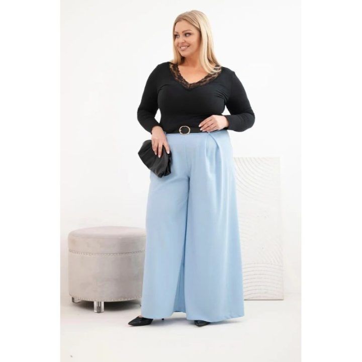 Moteriškos Plus Size plačios kelnės su diržu, mėlynos