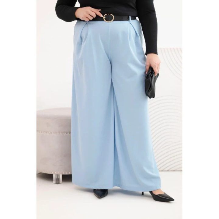 Moteriškos Plus Size plačios kelnės su diržu, mėlynos