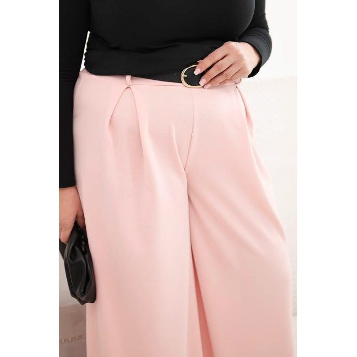 Moteriškos Plus Size plačios kelnės su diržu, pudrinės rožinės spalvos