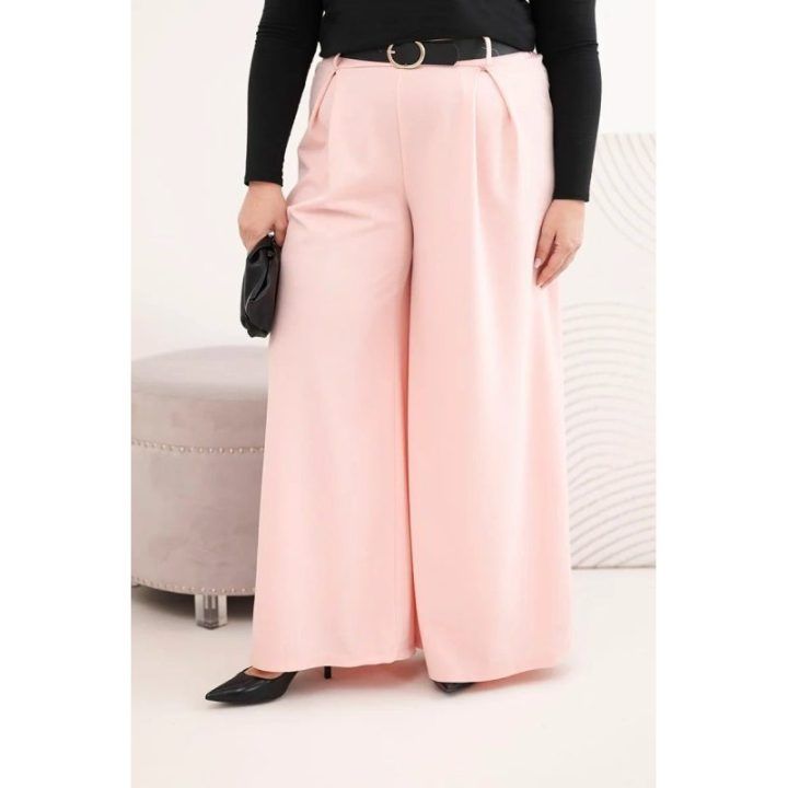 Moteriškos Plus Size plačios kelnės su diržu, pudrinės rožinės spalvos