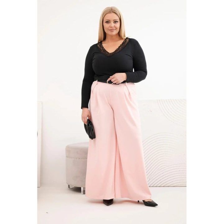 Moteriškos Plus Size plačios kelnės su diržu, pudrinės rožinės spalvos