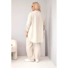 Moteriškas Plus Size muslino komplektas su marškiniais ir plačiomis kelnėmis, smėlio spalvos