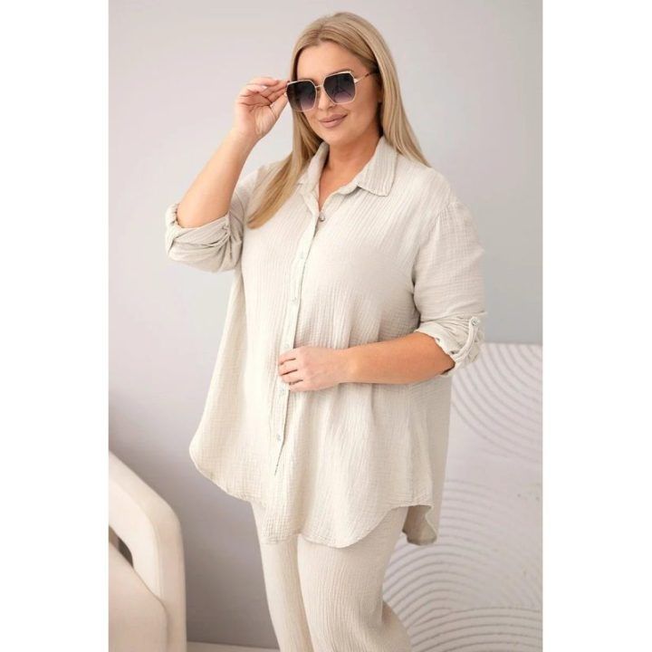 Moteriškas Plus Size muslino komplektas su marškiniais ir plačiomis kelnėmis, smėlio spalvos