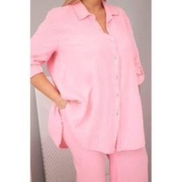 Moteriškas Plus Size muslino komplektas su marškiniais ir plačiomis kelnėmis, rožinės spalvos