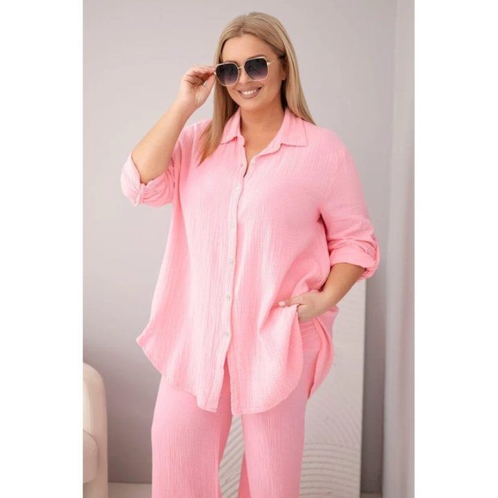 Moteriškas Plus Size muslino komplektas su marškiniais ir plačiomis kelnėmis, rožinės spalvos