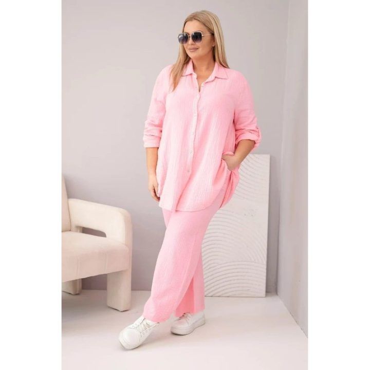 Moteriškas Plus Size muslino komplektas su marškiniais ir plačiomis kelnėmis, rožinės spalvos